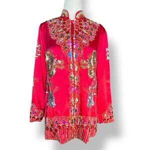 Vintage Red Dragon Phoenix Beaded Silk Asian Jacket Hand Embellished 80s 90s